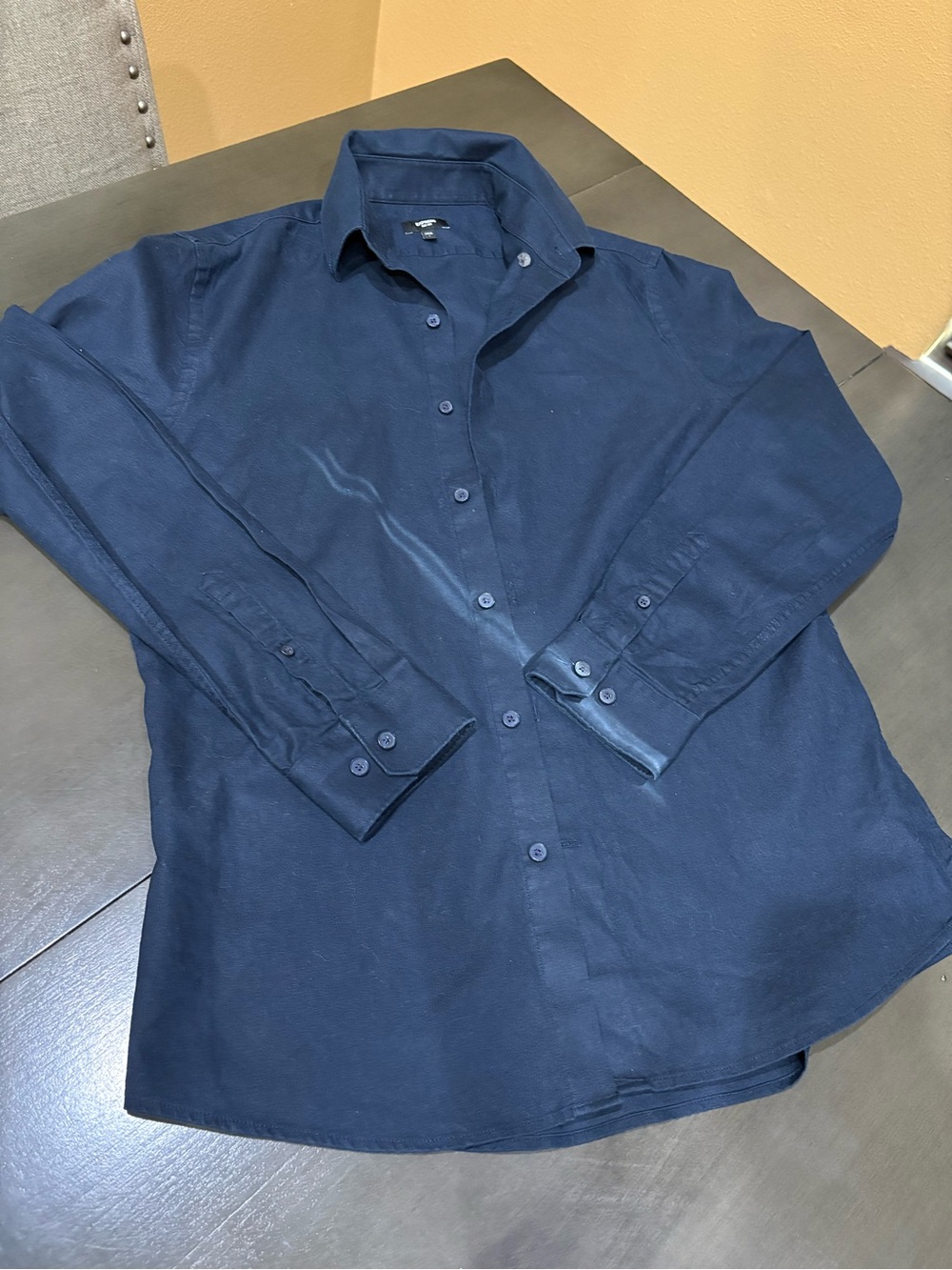 Express - Navy Blue Long-Sleeve Button-Up linen Shirt